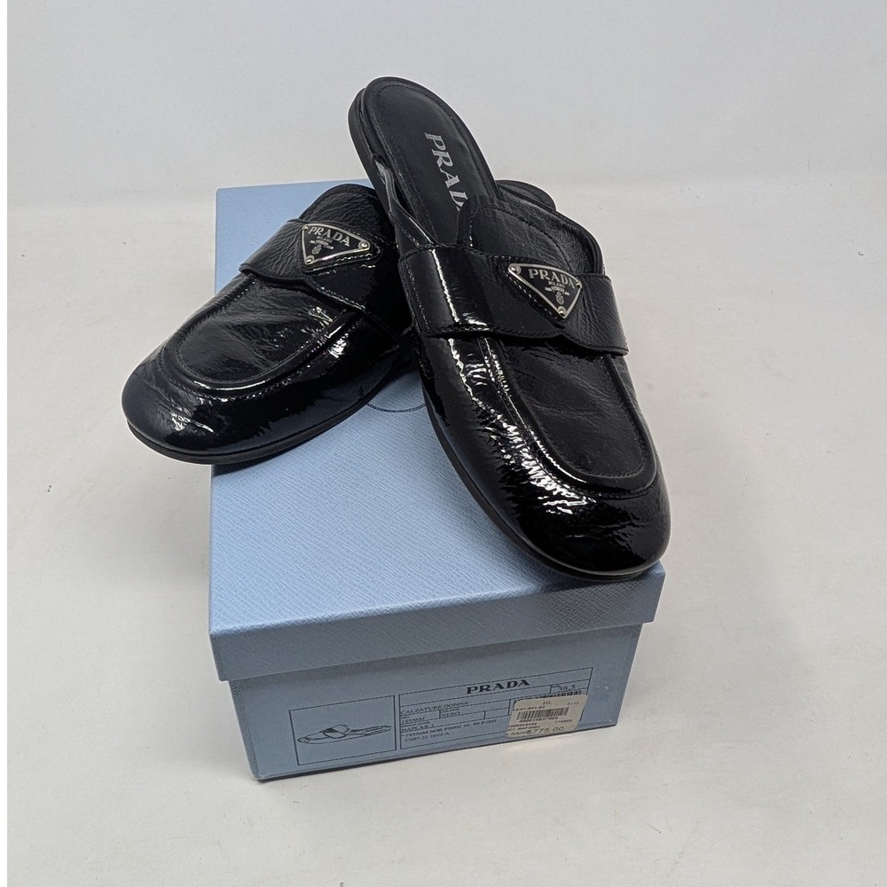 Authentic Prada Naplak Black Patent Leather Triangle Logo Mules Loafers Size 8.5